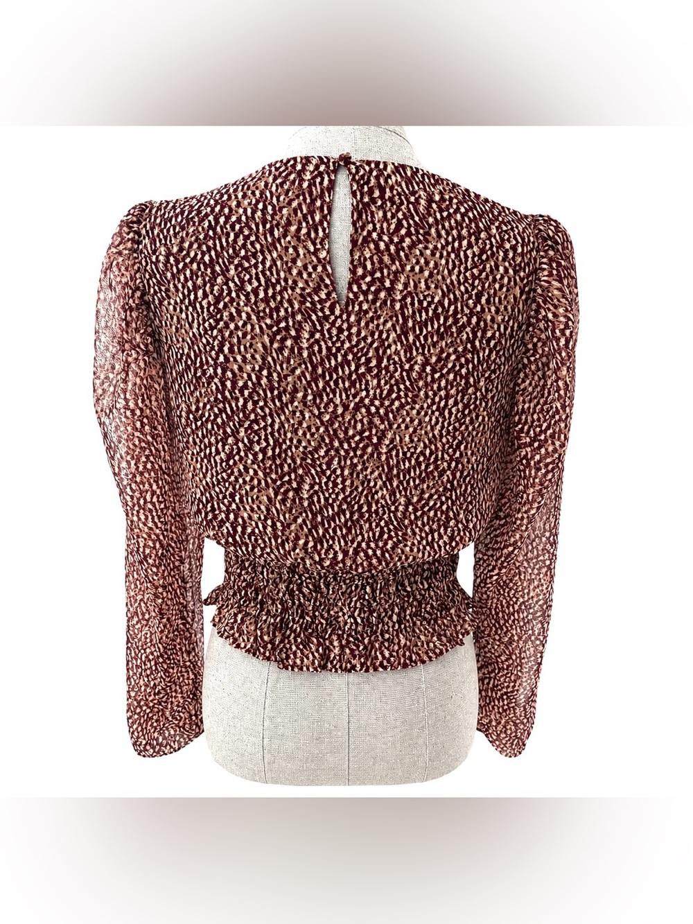 EXPRESS Maroon/Gold with Glitter Printed Long Sleeve Smocked Waist Top Blouse - Picture 5 of 11